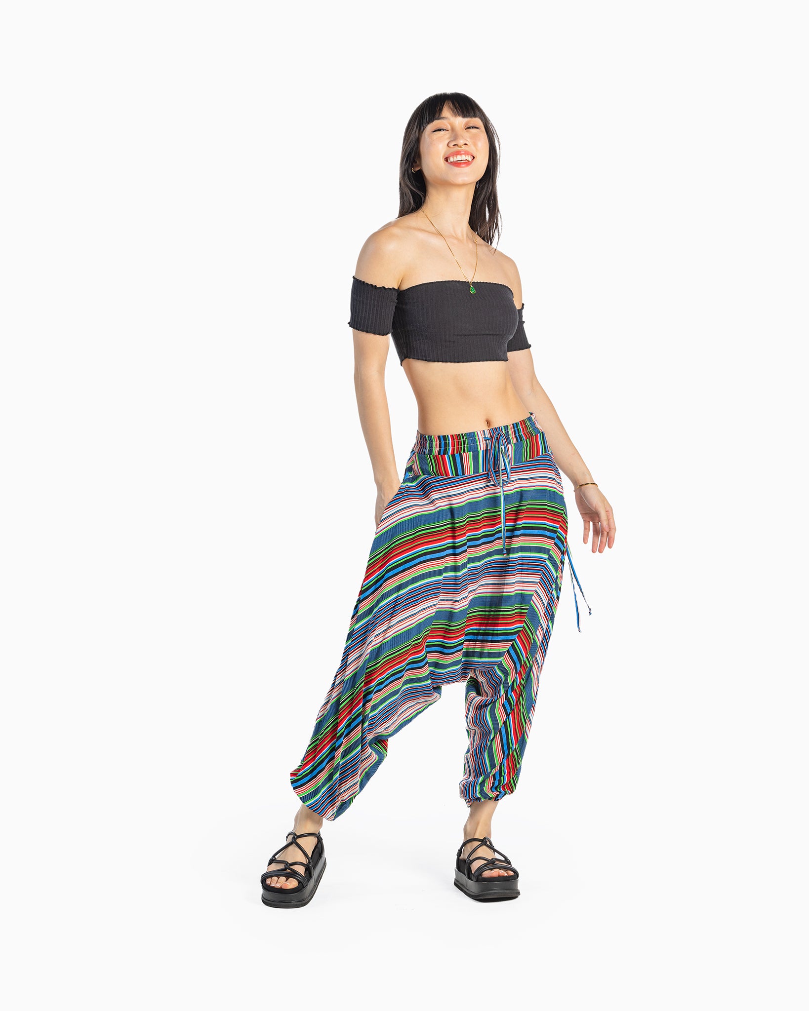 harem pants women#color_blue stripes